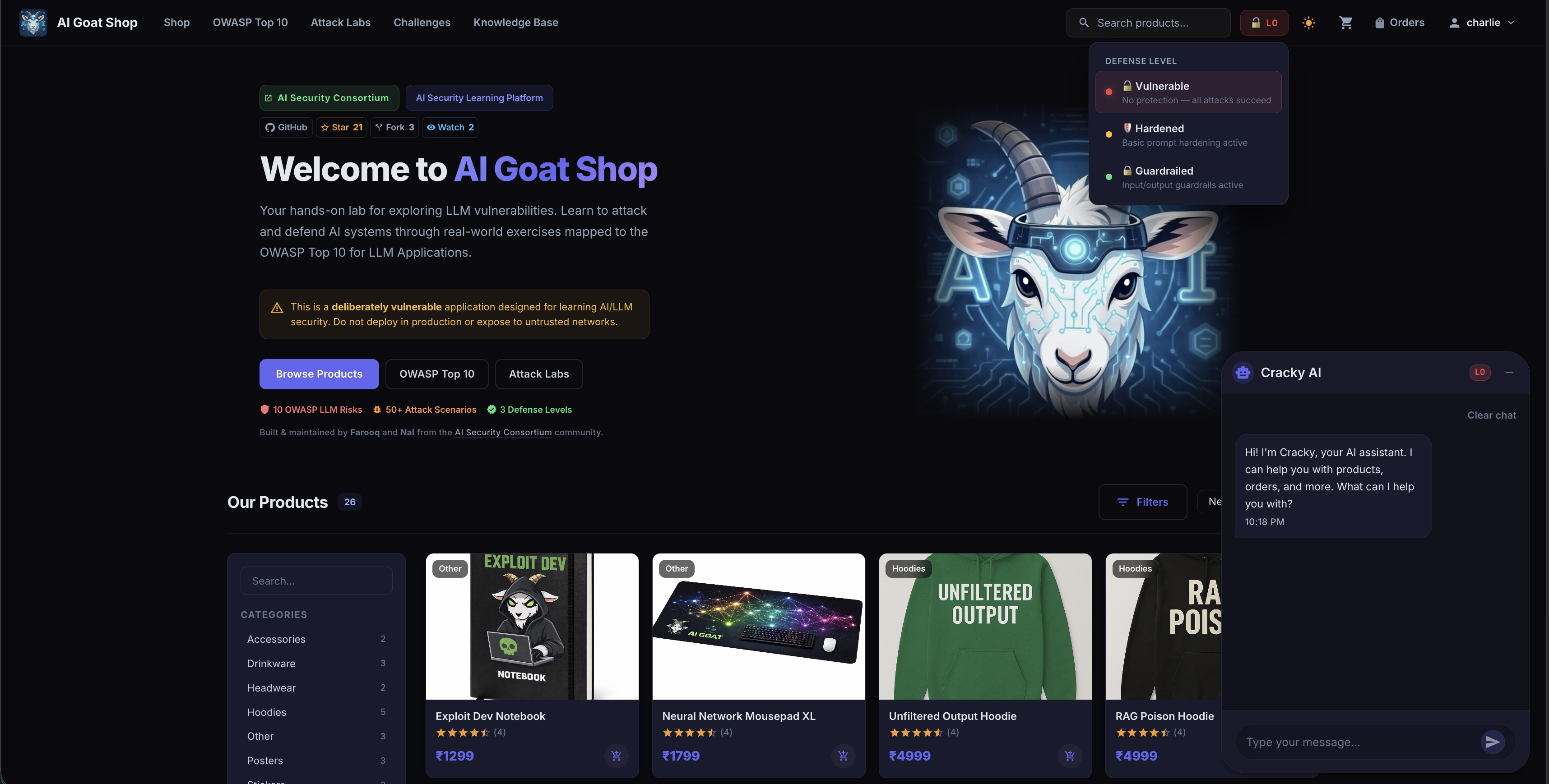 AI Goat application homepage showing the e-commerce storefront, Cracky AI chatbot, defense level controls, and product catalog